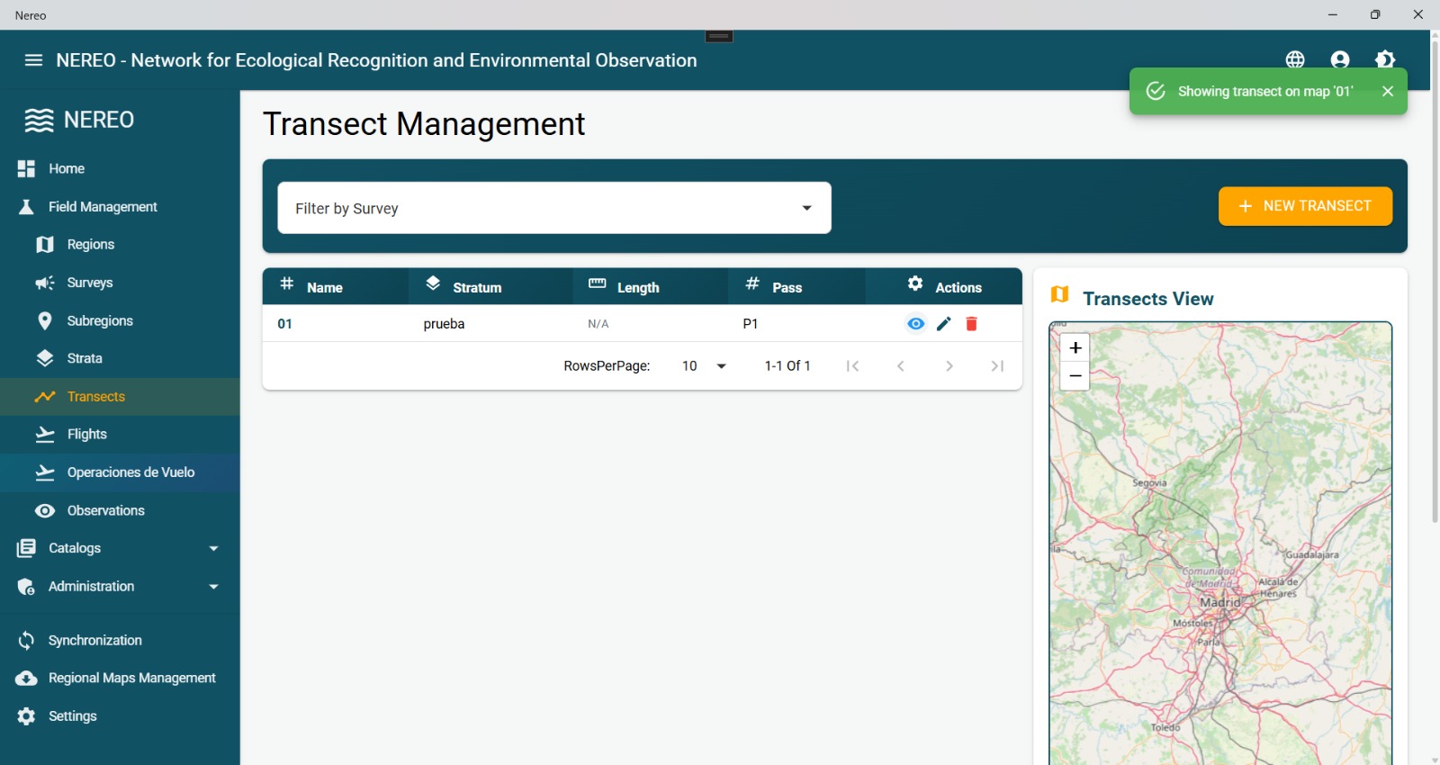 Pantalla de NEREO mostrando registro de avistamiento en campo